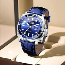 Load image into Gallery viewer, SACOSDING Quartz Watches for Men,Stainless Steel Waterproof Analog Watch,Luxury Big Face Comfortable Leather Strap Mens Watches,Date Luminous Business Dress Watch for Men(Silver Blue)
