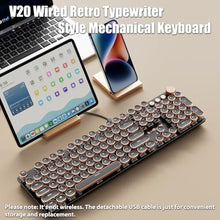 Load image into Gallery viewer, TISHLED Typewriter Style Mechanical Gaming Keyboard White LED Backlit 104-Key NKRO White Switches Retro Round Keycaps Golden Ring Volume Knob Metal Panel Wired USB-C Detachable Cable, Black