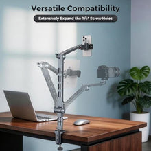 Load image into Gallery viewer, Overhead Camera Mount with 360 Adjustable Magic Boom Arm with 1/4" & NATO & Camera Holder & C Clamp for TikTok Live Streaming Photography Studio Content Creation, Super Desk Clamp Mount