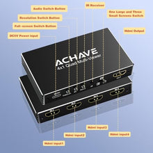 Load image into Gallery viewer, ACHAVE 4x1 HDMI Multiviewer Switch 2x1 3x1, 4K@30Hz 1080P@60Hz Quad Screen Splitter with 10 Display Modes, Seamless Switching, IR Remote Control, Compatible with Laptop, Xbox, TV Box, Black_226