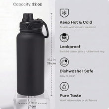 Load image into Gallery viewer, Aiivow Black 32 oz Insulated Water Bottle, Large Metal Stainless Steel Water Flask, Big Sports Travel Mens Water Bottle for Gym,Hiking,1 liters Leakproof Insulated Thermal Bottle with 2 Lids_6142