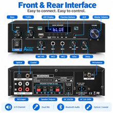 Load image into Gallery viewer, AK55 Stereo Amplifier Home Audio, Bluetooth 5.0 Max 600W Power Stereo Receivers 2.0 Channel Audio Amplifier for Speaker W/Remote Control/AUX/RCA/Echo/USB/2 MIC in for Home Party, Karaoke, Black_373