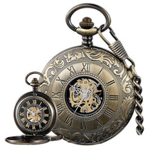 Load image into Gallery viewer, Alwesam Vintage Hand Wind Up Pocket Watches for Men, Roman Numerals Scale Mechanical Pocket Watch with Chain,Double Open Mens Skeleton Pocket Watch(Bronze)_1