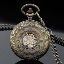 Load image into Gallery viewer, Alwesam Vintage Hand Wind Up Pocket Watches for Men, Roman Numerals Scale Mechanical Pocket Watch with Chain,Double Open Mens Skeleton Pocket Watch(Bronze)_610