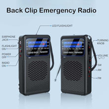 Load image into Gallery viewer, AM FM SW 3 Band Pocket Radio, Portable Battery Operated Shortwave Radio, Back Clip Transistor radios with 3.5mm Earphone Jack, Emergency LED Flashlight for Camping, Home, Black_4123