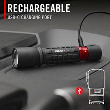 Load image into Gallery viewer, Coast XP11R 2600 Lumen USB-C Rechargeable LED Flashlight with Slide Focus and Pure Beam Focusing Optic, 4 Light Modes, Black