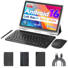Load image into Gallery viewer, Android 16 10 inch Tablets, 20GB RAM 128GB ROM 2TB Expandable, 2GHz Octa-core Processor, 2 in 1 Tablet with Stylus Mouse Keyboard Case, 5G WiFi6, BT 5.0, 6000mAh, Widevine L1, GMS, Black_1