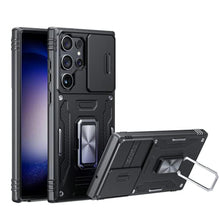Load image into Gallery viewer, ANGELAS Shockproof Phone Case for Samsung Galaxy S23 Ultra - Silicone TPU Bumper with Anti-Fall Protection,Slide Camera Cover & Rotating Ring Kickstand,6.8Inch,Black_1