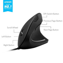Load image into Gallery viewer, Anker USB Wired Vertical Mouse, Ergonomic Design Mouse for Computer and Laptop, 5 Buttons, 1000/1600 DPI, Optical Technology, USB Corded - Black_4159