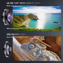 Load image into Gallery viewer, APEXEL 6 in 1 Phone Lens Kit - 22x Telephoto Lens, 205 Fisheye Lens, 120 Wide Angle Lens & 25X Macro Lens(Screwed Together), Compatible with iPhone,Samsung,Pixel, Black_244