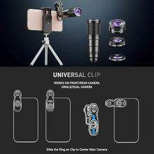 Load image into Gallery viewer, APEXEL 6 in 1 Phone Lens Kit - 22x Telephoto Lens, 205 Fisheye Lens, 120 Wide Angle Lens & 25X Macro Lens(Screwed Together), Compatible with iPhone,Samsung,Pixel, Black_246