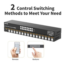 Load image into Gallery viewer, Arvitek 16 Port HDMI KVM Switch 1U Rack Mount, Control 16 Computers with One Monitor Keyboard and Mouse, 4K HDMI USB KVM Switch with Remote, 4 USB 2.0 Ports, Includes HDMI & USB Cables, Black_1488