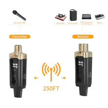 Load image into Gallery viewer, Arvitek Wireless XLR Microphone Transmitter & Receiver, UHF Wireless Mic System, 16 Channels XLR Mic Adapter for Dynamic Microphone, Audio Mixer, Electric Guitar Bass, 48V Phantom Power, 250ft Range, Black_380