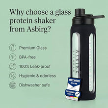Load image into Gallery viewer, Asbirg 2.0 | 35 oz Glass Protein Shaker Bottle BPA-Free, Leakproof Lid, Stainless Steel Mixing Ball & Silicone Sleeve Gym Shaker for Smoothies, Shakes & Pre-Workout | Black_1480