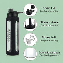 Load image into Gallery viewer, Asbirg 2.0 | 35 oz Glass Protein Shaker Bottle BPA-Free, Leakproof Lid, Stainless Steel Mixing Ball & Silicone Sleeve Gym Shaker for Smoothies, Shakes & Pre-Workout | Black_1481