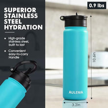 Load image into Gallery viewer, AULEMA 24OZ Stainless Steel Double Wall Insulated Water Bottle, Keeps Drinks Cold 24 Hours/Hot 12 Hours, Leak-Proof, Foldable Straw Lid, Dishwasher Safe, Fits Car Cup Holder, Bright Turquoise, BrightTurquoise_5674