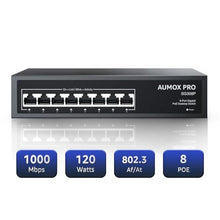 Load image into Gallery viewer, AUMOX PRO 120W 8 Port Gigabit PoE Switch Fanless Metal Unmanaged, Black_1