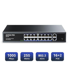 Load image into Gallery viewer, AUMOX PRO 18 Port Gigabit PoE Switch 250W 16PoE 2 Uplink Rack Mount VLAN, Black_6448
