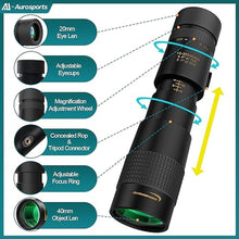 Load image into Gallery viewer, Aurosports 10-30x40 Zoom Monocular for Adults, Monocular Telescope High Power with Bak4 Prism, Compact Monoculars for Bird Watching Traveling Hunting Camping - Gift for Men, Black_1991