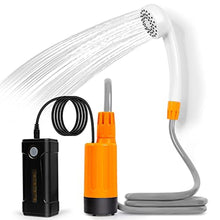 Load image into Gallery viewer, AZXJC portable outdoor shower, battery driven shower pump, LED lighting, portable shower pump, draws water from a bucket into a stable and gentle shower flow,used for beaches,camping,gardens,hiking,, OrangeOneBattery_1