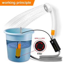 Load image into Gallery viewer, AZXJC portable outdoor shower, battery driven shower pump, LED lighting, portable shower pump, draws water from a bucket into a stable and gentle shower flow,used for beaches,camping,gardens,hiking,, OrangeOneBattery_878