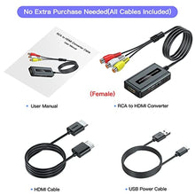 Load image into Gallery viewer, Bcrokory Female RCA to HDMI Converter with HDMI Cable for N64/Wii/PS2/Xbox with Male RCA(RCA Cable Integrated), CVBS AV Composite to HDMI Converter Supports Full HD 720P/1080P Output Switch, FemaleRCAtoHDMI_228