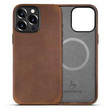 Load image into Gallery viewer, Belemay Compatible with iPhone 15 Pro Max Leather Case Magsafe-Top Grain Vintage Crazy Horse Leather-Metal Buttons Camera Bezel-Slim Fit-Precision Crafted Premium Phone Cover (6.7-inch)-Retro Brown, VintageBrown_1