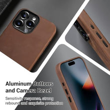 Load image into Gallery viewer, Belemay Compatible with iPhone 15 Pro Max Leather Case Magsafe-Top Grain Vintage Crazy Horse Leather-Metal Buttons Camera Bezel-Slim Fit-Precision Crafted Premium Phone Cover (6.7-inch)-Retro Brown, VintageBrown_552