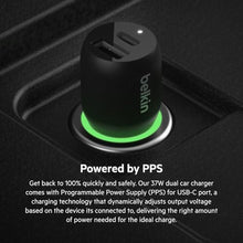 Load image into Gallery viewer, Belkin 37-Watt Dual USB Car Charger - Power Delivery 25W USB-C Port & 12W USB-A Port for PPS Charging Apple iPhone, Samsung Galaxy, AirPods, & More, Black_955
