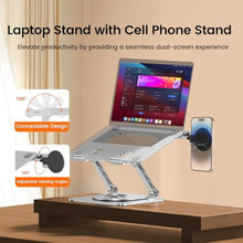 Load image into Gallery viewer, Benriotel Laptop Stand with Magnetic Phone Holder for Desk, Ergonomic Foldable Laptop Riser with 360 Rotating Base, Compatible with MacBook Pro and iPhone 12 and Later, Fits 10-16 Inch Notebook, Silver_1336