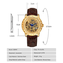 Load image into Gallery viewer, BERNY Gold Watches for Men Automatic Mechanical Wristwatch Skeleton Luxury Dress Mens Watch Exhibition Back Cover Luminous Hour Marker 5ATM Waterproof -Gold/Brown Band_1040
