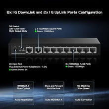Load image into Gallery viewer, Binardat 10 Port Gigabit Ethernet Switch, 8 Ports 100/1000Mbps, 2 Gigabit Uplink, Support Vlan, Metal Case Unmanaged Plug and Play, Black_6693