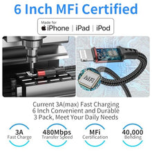 Load image into Gallery viewer, Bkduice 6 Inch USB C to Lightning Cable Short, 3 Pack MFi Certified Braided 0.5ft Type C to Lightning Cable Fast Charging for iPhone 14 13 12 11 Pro Max XR XS SE, Black_1463