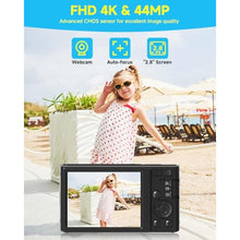 Load image into Gallery viewer, Black Digital Camera 4K for Teens with 16X Zoom Auto Focus, Small Compact Portable Point and Shoot Boys/Girls Student Digital Camera with 64G SD Card, 2 Batteries_1695