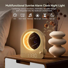 Load image into Gallery viewer, blonbar Sunrise Alarm Clocks for Bedrooms, Stepless Dimmable Moon Lamp Dual Alarm Clock with 12Levels Volume for Heavy Sleepers, 10 Natural Sounds with 30/60/90mins Timer, Gifts for Women, woodgrain_6476