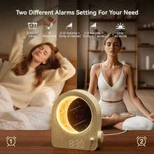 Load image into Gallery viewer, blonbar Sunrise Alarm Clocks for Bedrooms, Stepless Dimmable Moon Lamp Dual Alarm Clock with 12Levels Volume for Heavy Sleepers, 10 Natural Sounds with 30/60/90mins Timer, Gifts for Women, woodgrain_6478