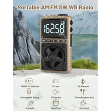 Load image into Gallery viewer, Bluetooth AM FM Shortwave Radio with NOAA Weather Alert,1250mAh Rechargeable Portable Pocket Radio with Best Reception,5W Big Speaker, Digital Tuner and Earphone,Support SD Card and USB PlayerBrown_3714