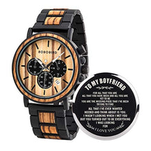 Load image into Gallery viewer, BOBO BIRD Mens Personalized Engraved Wooden Watche, Stylish Wood & Stainless Steel Combined Quartz Casual Wristwatches for Men Family Friends Customized Watch (A-for Boyfriend)_1
