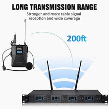 Load image into Gallery viewer, Boeska Wireless Microphone System 4 Channel UHF 4 Lavalier Lapel Headset Mics for Karaoke Church Speaking Conference Meeting Party, 4x25 Adjustable Frequency (4 Bodypack)_5203