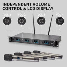 Load image into Gallery viewer, Boeska Wireless Microphone System, 4-Channel UHF Wireless Mic, Fixed Frequency Metal Cordless Mic with 4 Handheld Dynamic Microphones, 200ft Range, Mics for Singing, Church (4 Handheld)_5173