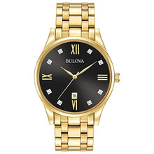 Load image into Gallery viewer, Bulova Men's Classic Gold Tone Stainless Steel 3-Hand Date Quartz Watch with Black Diamond Dial Style: 97D108_1