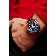 Load image into Gallery viewer, Bulova Men's Oceanographer Snorkel GMT Stainless Steel Watch, Blue and Red Bidirectional Rotating Bezel, Bezel, Blue Dial Style:96B405, Silver_7194