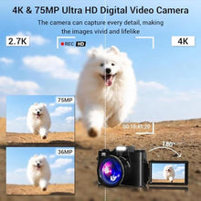 Load image into Gallery viewer, Camera Digital, 75MP WiFi 4K Vlogging Video Camera for YouTube with 3'' 180Flip Screen, 64GB SD Card, Anti-Shake, 2 Batteries, Digital Camera for Vlogging & Photography for Beginner, Black_96