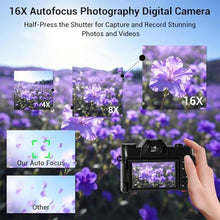 Load image into Gallery viewer, Camera Digital, 75MP WiFi 4K Vlogging Video Camera for YouTube with 3'' 180Flip Screen, 64GB SD Card, Anti-Shake, 2 Batteries, Digital Camera for Vlogging & Photography for Beginner, Black_99
