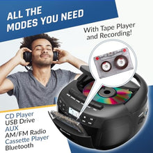Load image into Gallery viewer, CD Cassette Player with Case, Bluetooth Boombox, AM FM Radio, USB Drive, Black_521