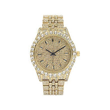 Load image into Gallery viewer, Charles Raymond Mens Watch w/Matching Iced Rolly Hip Hop Bracelet - Big Rhinestones on Trim and Elegant Baguette Time Indicators on Dial - Master Bling Designer - ST10226B (Gold)_409