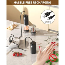 Load image into Gallery viewer, CIRCLE JOY Electric Salt and Pepper Grinder Set Rechargeable Salt and Pepper Mills with 6-Level External Adjustable Coarseness, White LED Light and Storage Base, Black_6092