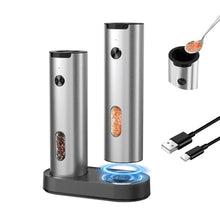 Load image into Gallery viewer, CIRCLE JOY Electric Salt and Pepper Grinder Set, Stainless Steel Rechargeable Pepper Mill Set with Charging Base, 110ML Top-Fill, Adjustable Coarseness, LED Light, One-Hand Operation, Gift Idea, Silver_1