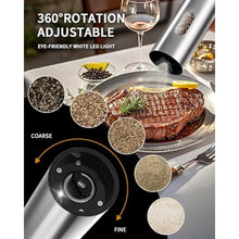 Load image into Gallery viewer, CIRCLE JOY Electric Salt and Pepper Grinder Set, Stainless Steel Rechargeable Pepper Mill Set with Charging Base, 110ML Top-Fill, Adjustable Coarseness, LED Light, One-Hand Operation, Gift Idea, Silver_1778