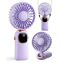 Load image into Gallery viewer, coldSky Portable Handheld Fan, 4000mAh Battery Operated 3 in 1 Multifunction Personal Travel Fans with Digital Display, 90 Foldable Desk Fan with Base, 5 Speed Lash Fan for Makeup/Commute/Office, Purple_1